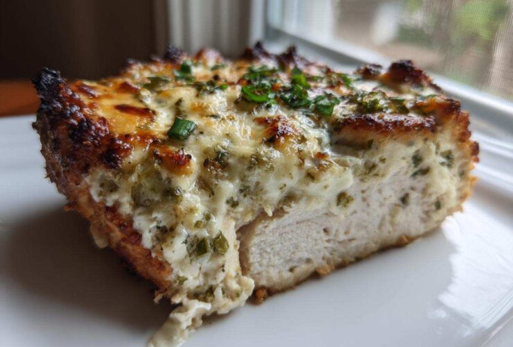 A cross-section of Keto Creamy Jalapeno Popper Chicken showing juicy white meat topped with melted cheese and green herbs.
