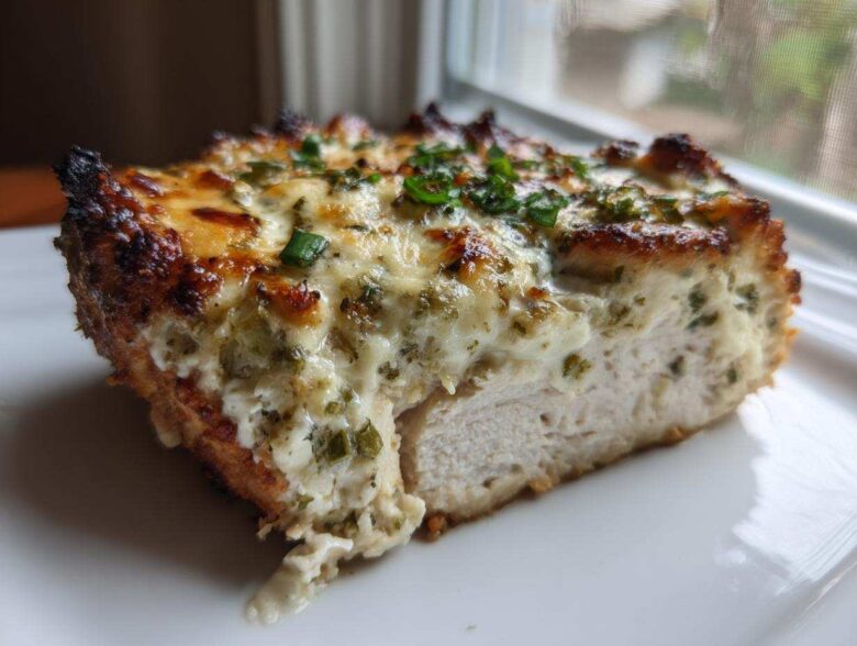 A cross-section of Keto Creamy Jalapeno Popper Chicken showing juicy white meat topped with melted cheese and green herbs.