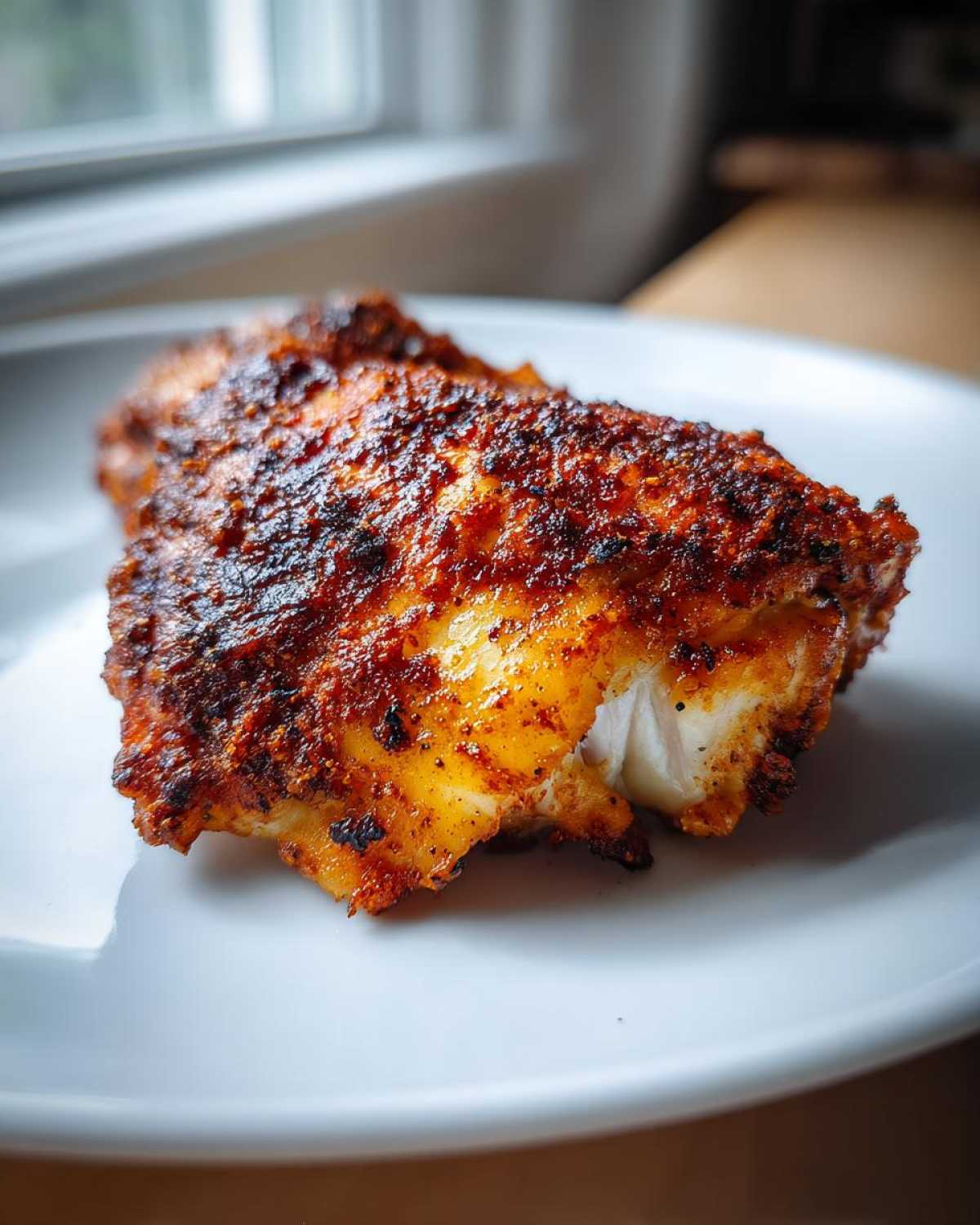 Close-up of a perfectly seasoned and crispy Keto Crispy Baked Chicken Thighs on a white plate.