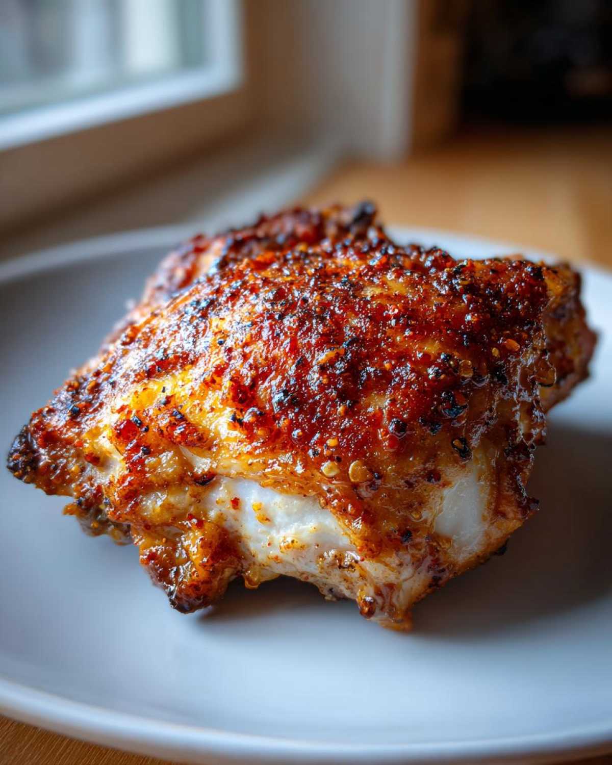 Close-up of a perfectly cooked Keto Crispy Baked Chicken Thighs piece showing richly seasoned, deeply browned, and crispy skin.