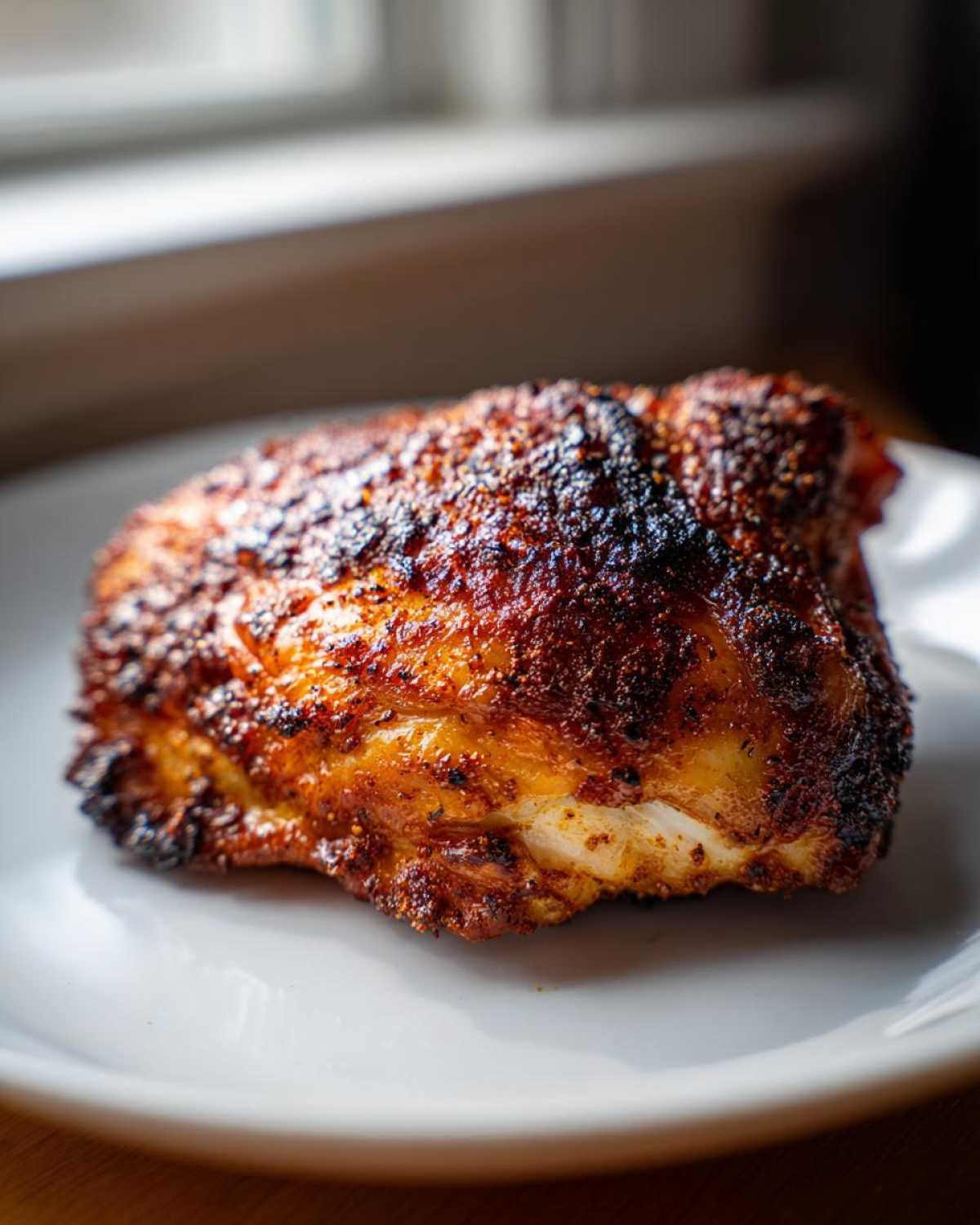 Close-up of a perfectly cooked Keto Crispy Baked Chicken Thighs with dark, seasoned, and crunchy skin.