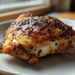 Close-up of a juicy Keto Crispy Baked Chicken Thighs piece with golden, seasoned, crackling skin.