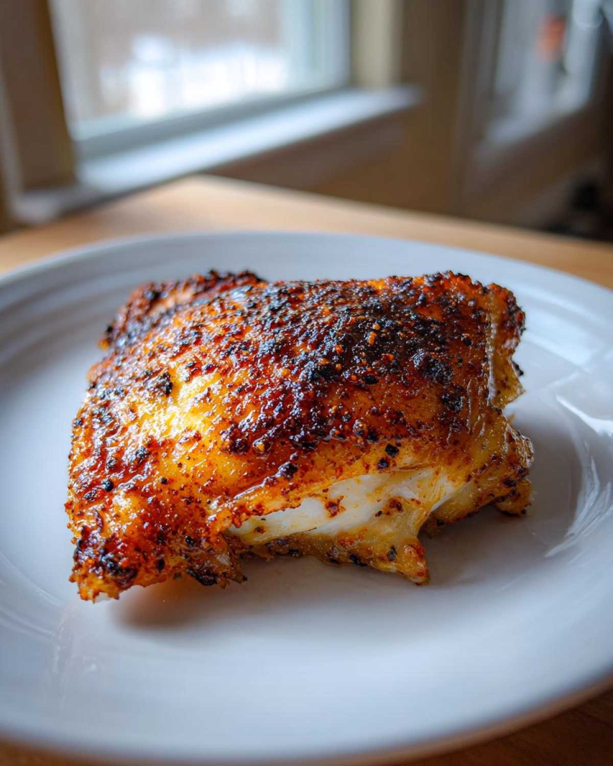 Close-up of a single, perfectly cooked Keto Crispy Baked Chicken Thighs piece with dark, seasoned, crispy skin.