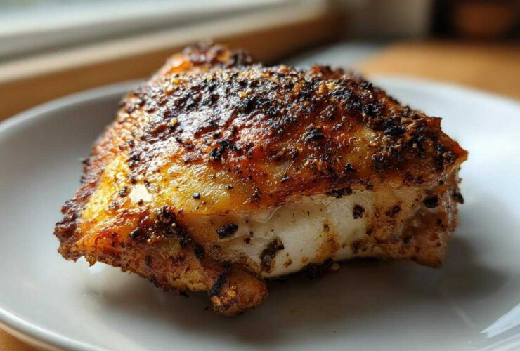 Close-up of a juicy Keto Crispy Baked Chicken Thighs piece with golden, seasoned, crackling skin.