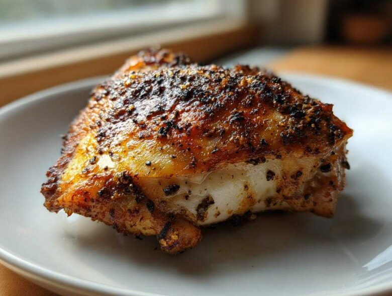 Close-up of a juicy Keto Crispy Baked Chicken Thighs piece with golden, seasoned, crackling skin.