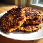A stack of golden-brown, crispy Keto Crispy Cauliflower Hash Browns on a white plate.