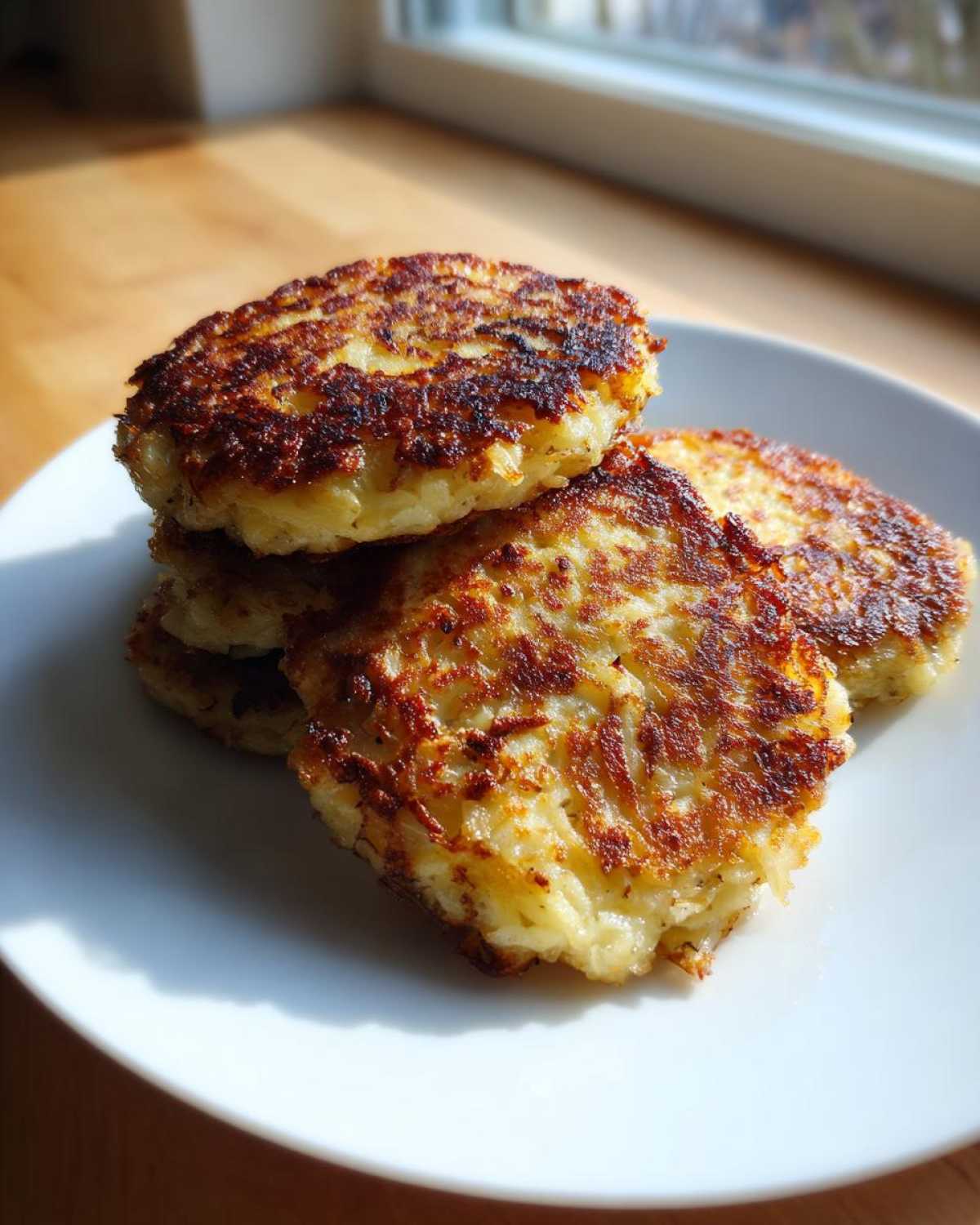 A stack of golden-brown, crispy Keto Crispy Cauliflower Hash Browns served on a white plate near a window.