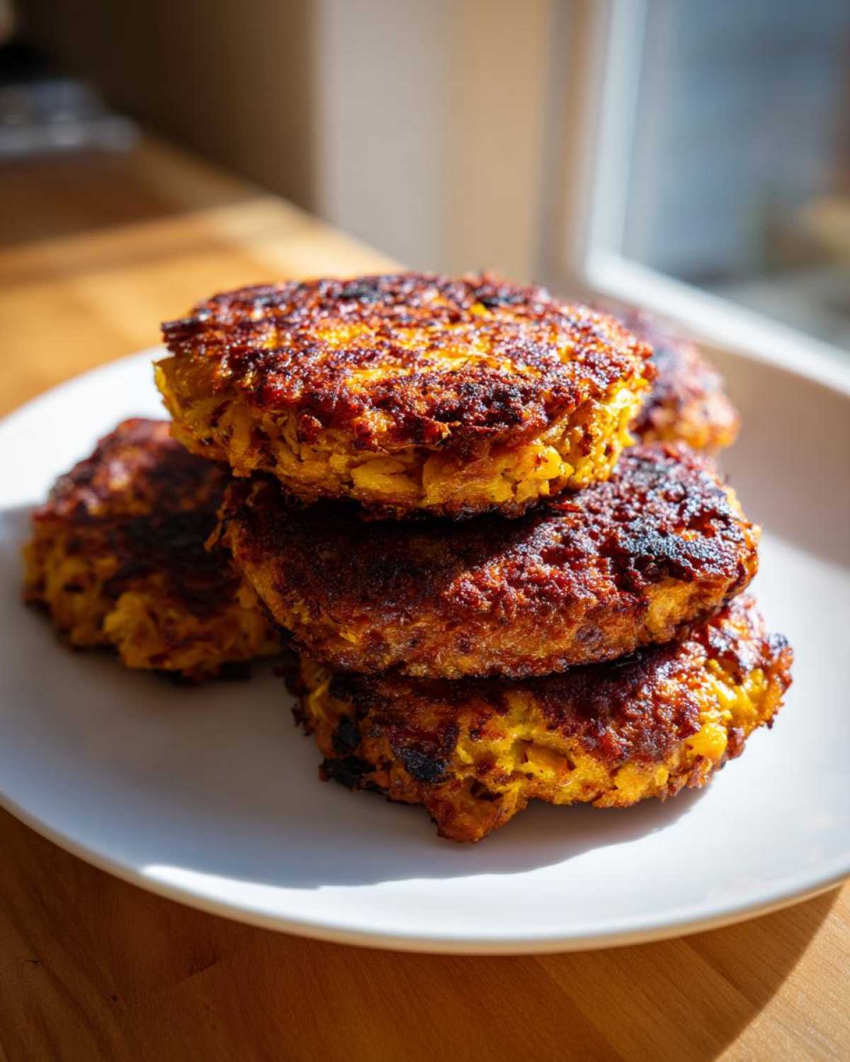 A stack of four golden-brown, crispy Keto Crispy Cauliflower Hash Browns on a white plate.