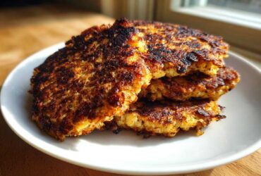 A stack of golden-brown, crispy Keto Crispy Cauliflower Hash Browns on a white plate.