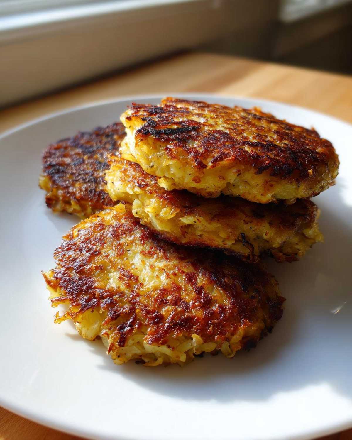 A stack of four golden brown, crispy Keto Crispy Cauliflower Hash Browns served on a white plate.