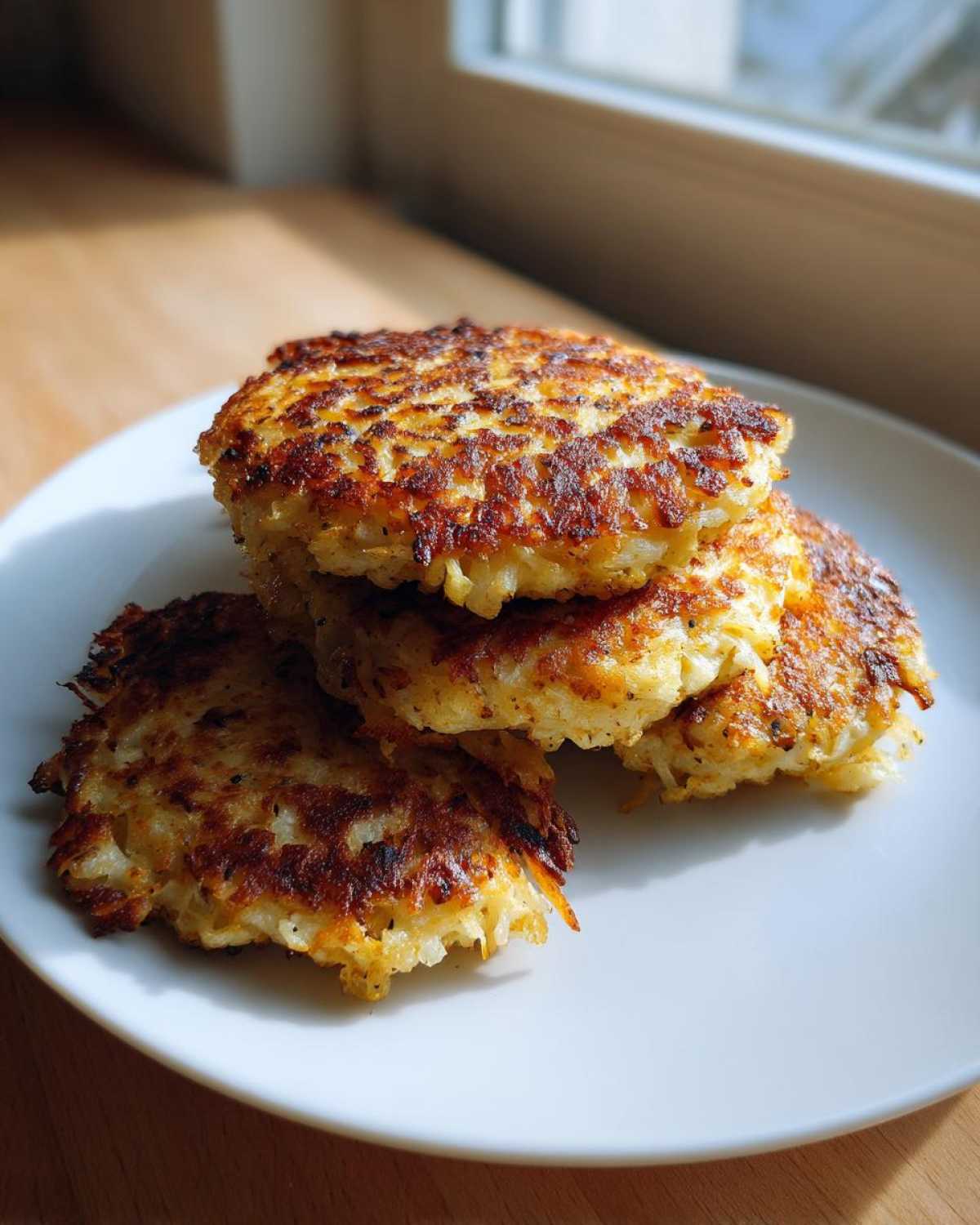 A stack of four golden-brown, crispy Keto Crispy Cauliflower Hash Browns served on a white plate.