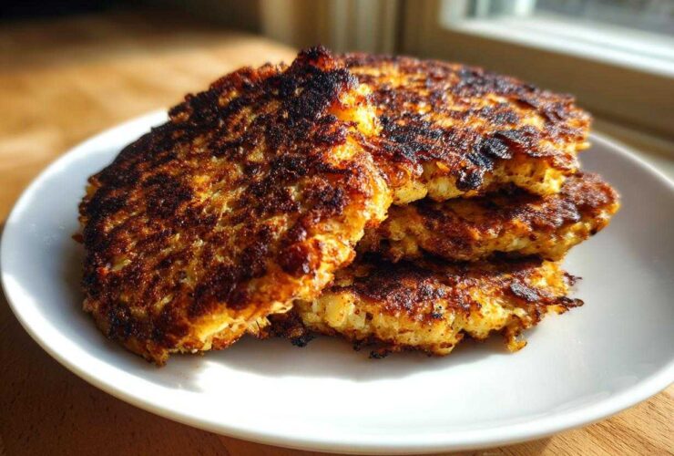 A stack of golden-brown, crispy Keto Crispy Cauliflower Hash Browns on a white plate.