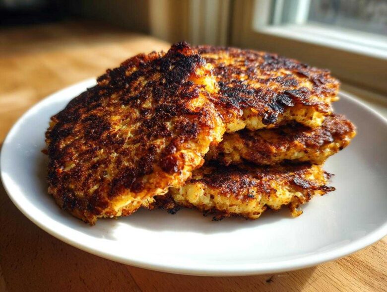 A stack of golden-brown, crispy Keto Crispy Cauliflower Hash Browns on a white plate.