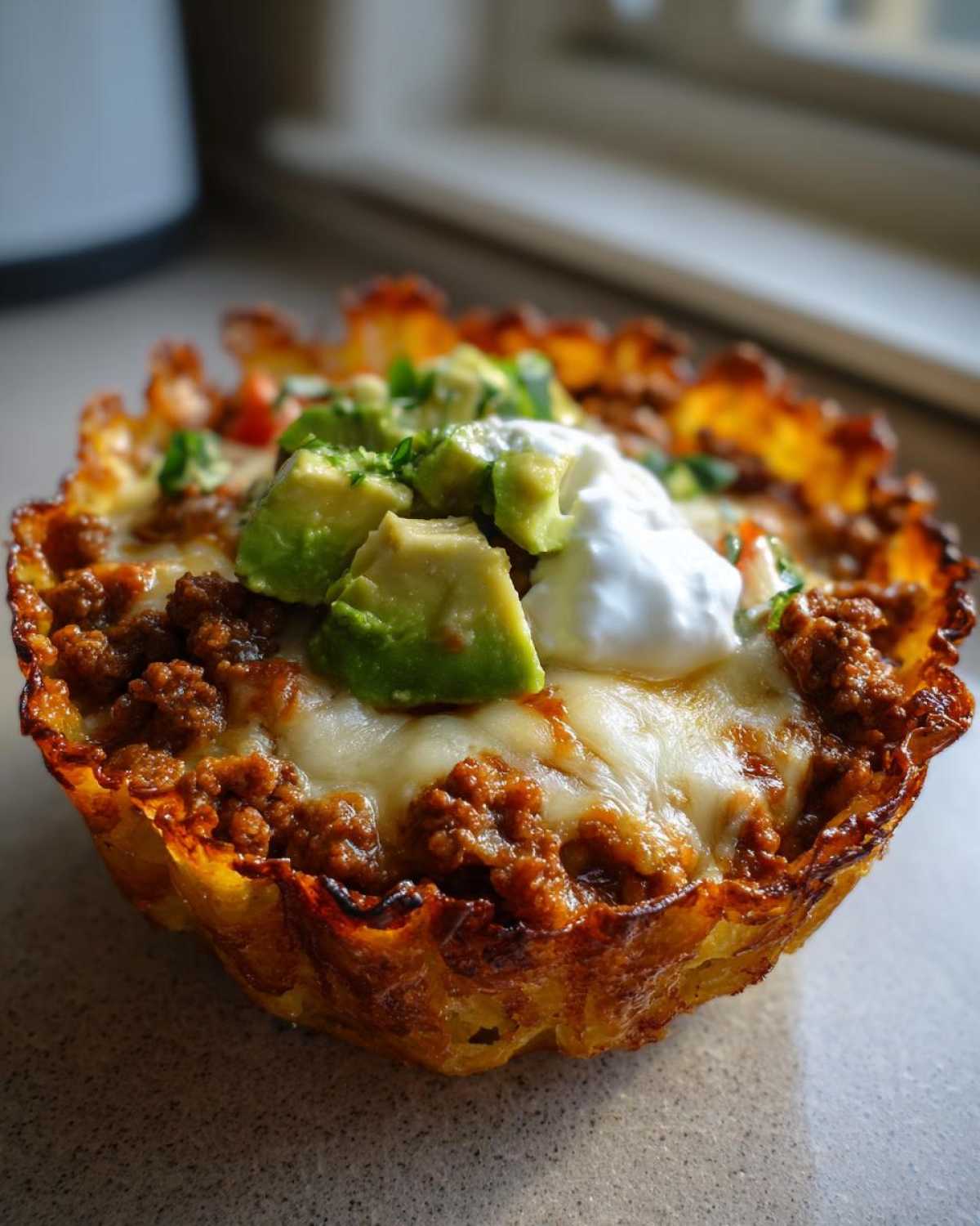 A single Keto Crispy Cheese Taco Shell Bowl filled with seasoned ground meat, melted cheese, avocado, sour cream, and green onions.