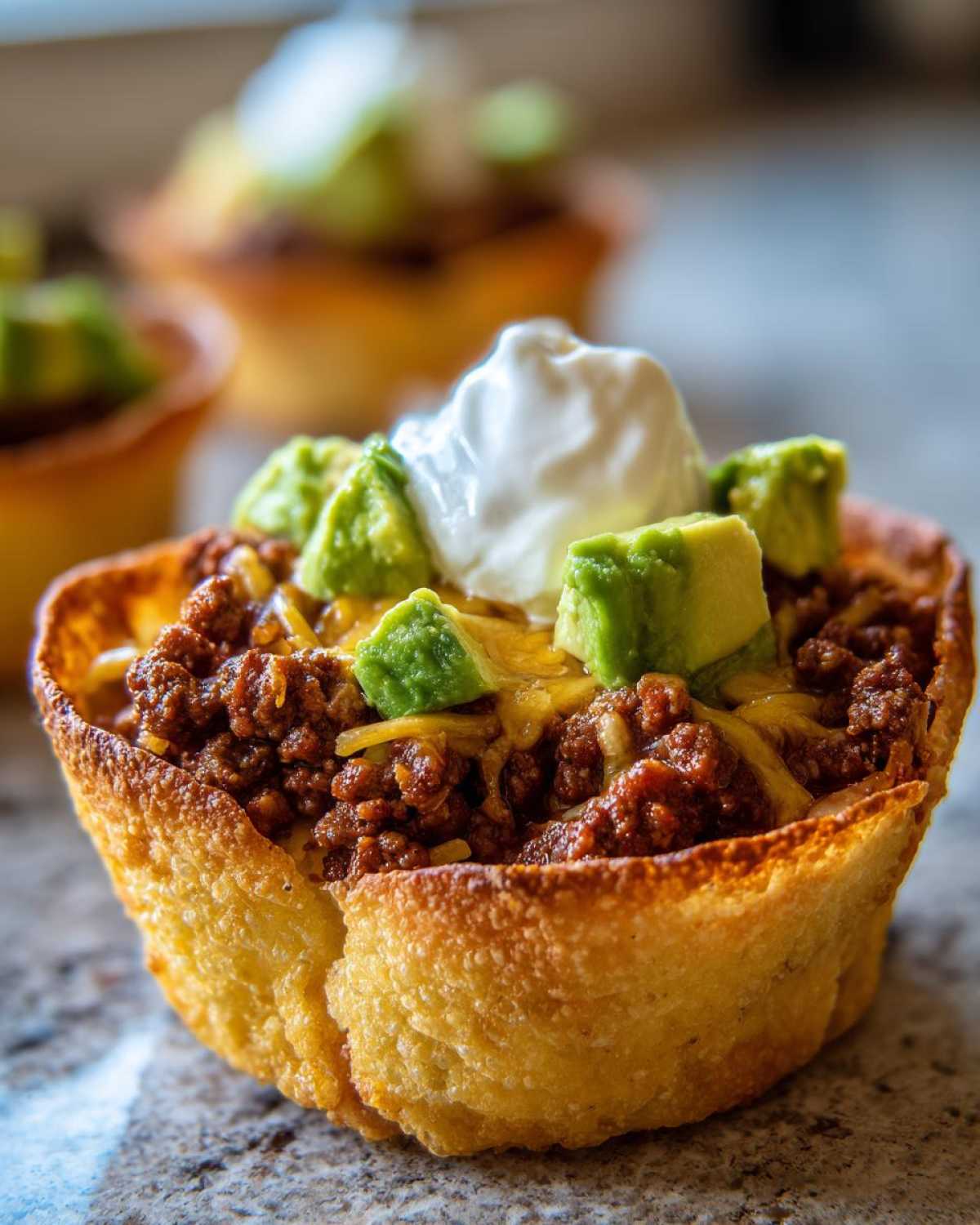 A close-up of a Keto Crispy Cheese Taco Shell Bowl filled with seasoned ground beef, melted cheese, avocado chunks, and sour cream.
