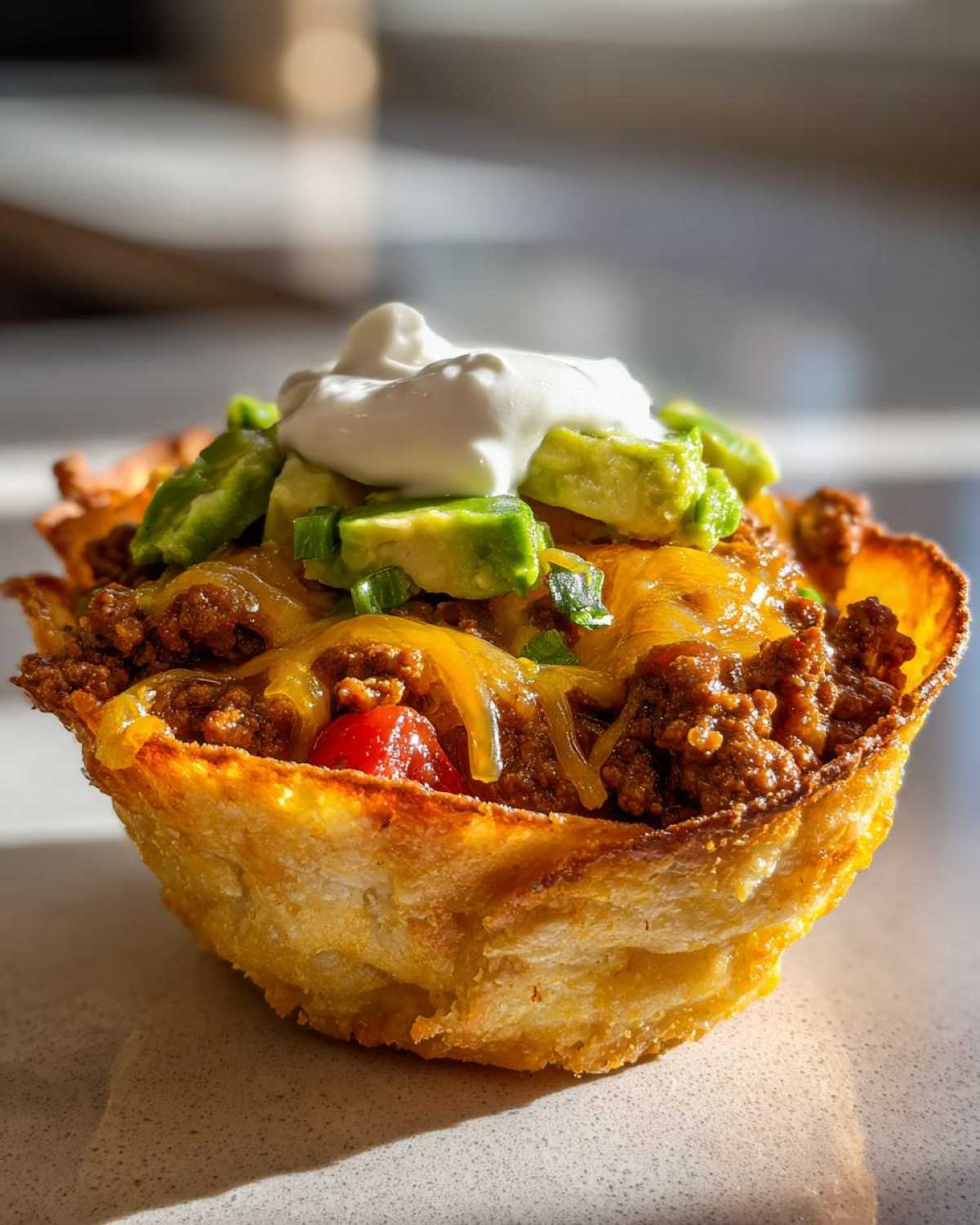 A single Keto Crispy Cheese Taco Shell Bowl filled with seasoned ground beef, melted cheese, avocado, and sour cream.