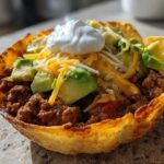 A close-up of a Keto Crispy Cheese Taco Shell Bowl filled with seasoned ground beef, avocado, shredded cheese, and sour cream.