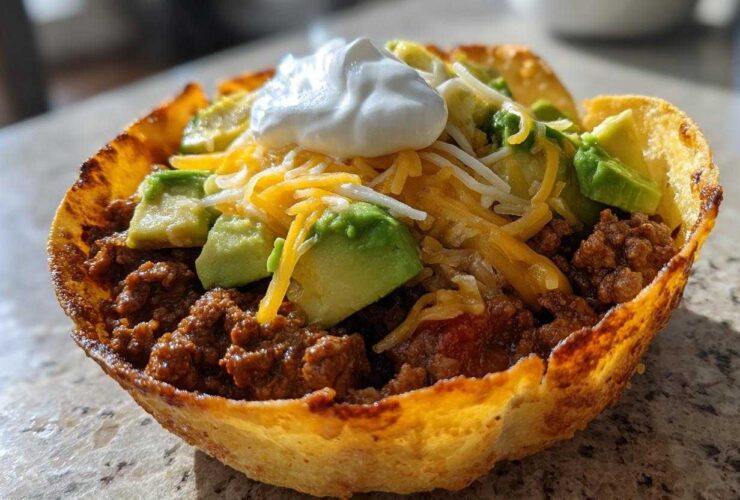 A close-up of a Keto Crispy Cheese Taco Shell Bowl filled with seasoned ground beef, avocado, shredded cheese, and sour cream.