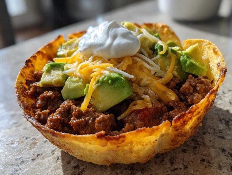 A close-up of a Keto Crispy Cheese Taco Shell Bowl filled with seasoned ground beef, avocado, shredded cheese, and sour cream.