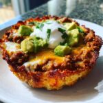 A single serving of Keto Crispy Cheese Taco Shell Bowls filled with seasoned meat, topped with melted cheese, avocado, and sour cream.