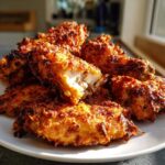 A pile of golden brown, crispy Keto Crispy Parmesan Chicken Wings on a white plate, one wing broken open showing white meat.
