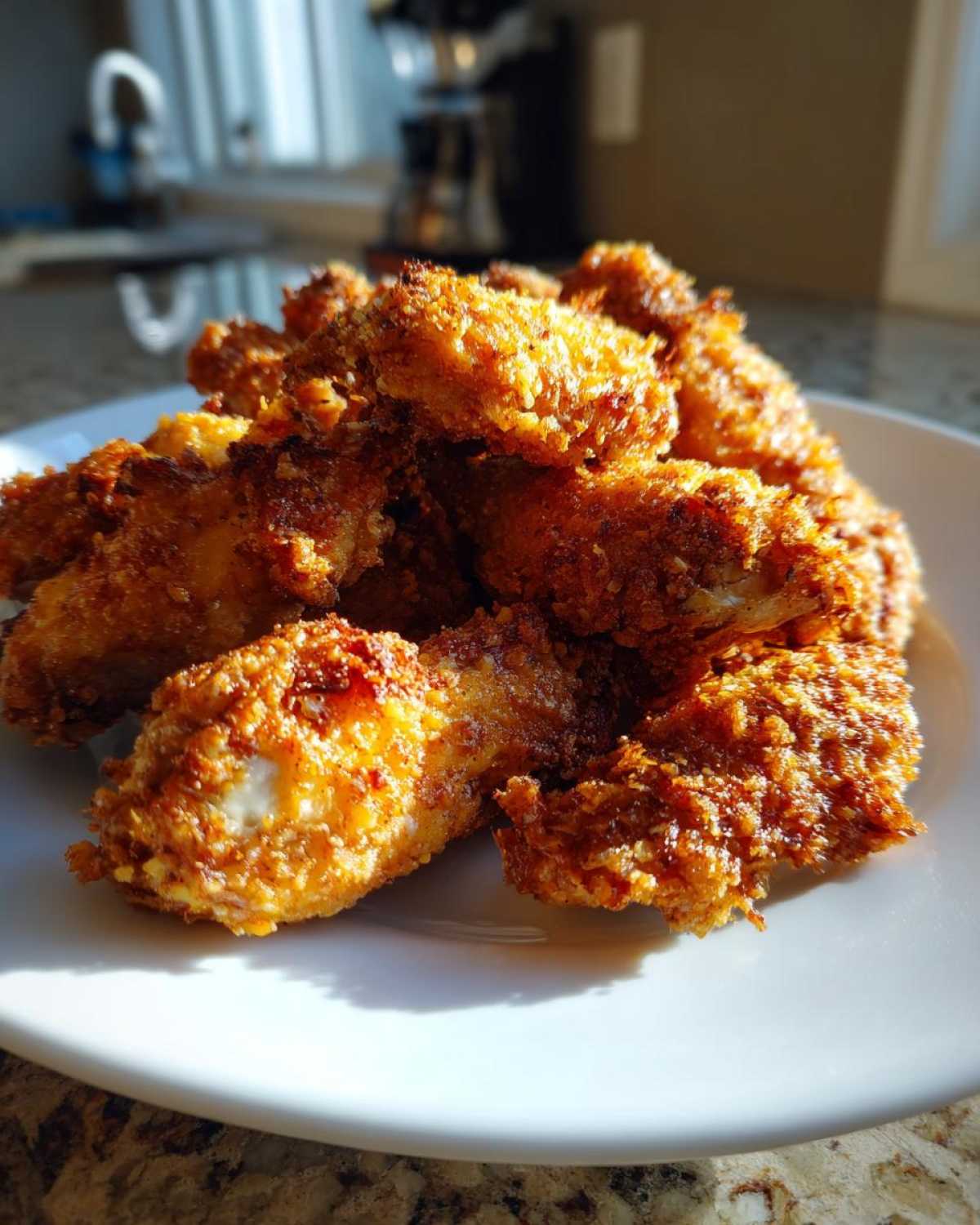 A close-up of golden brown, crispy Keto Crispy Parmesan Chicken Wings piled high on a white plate.