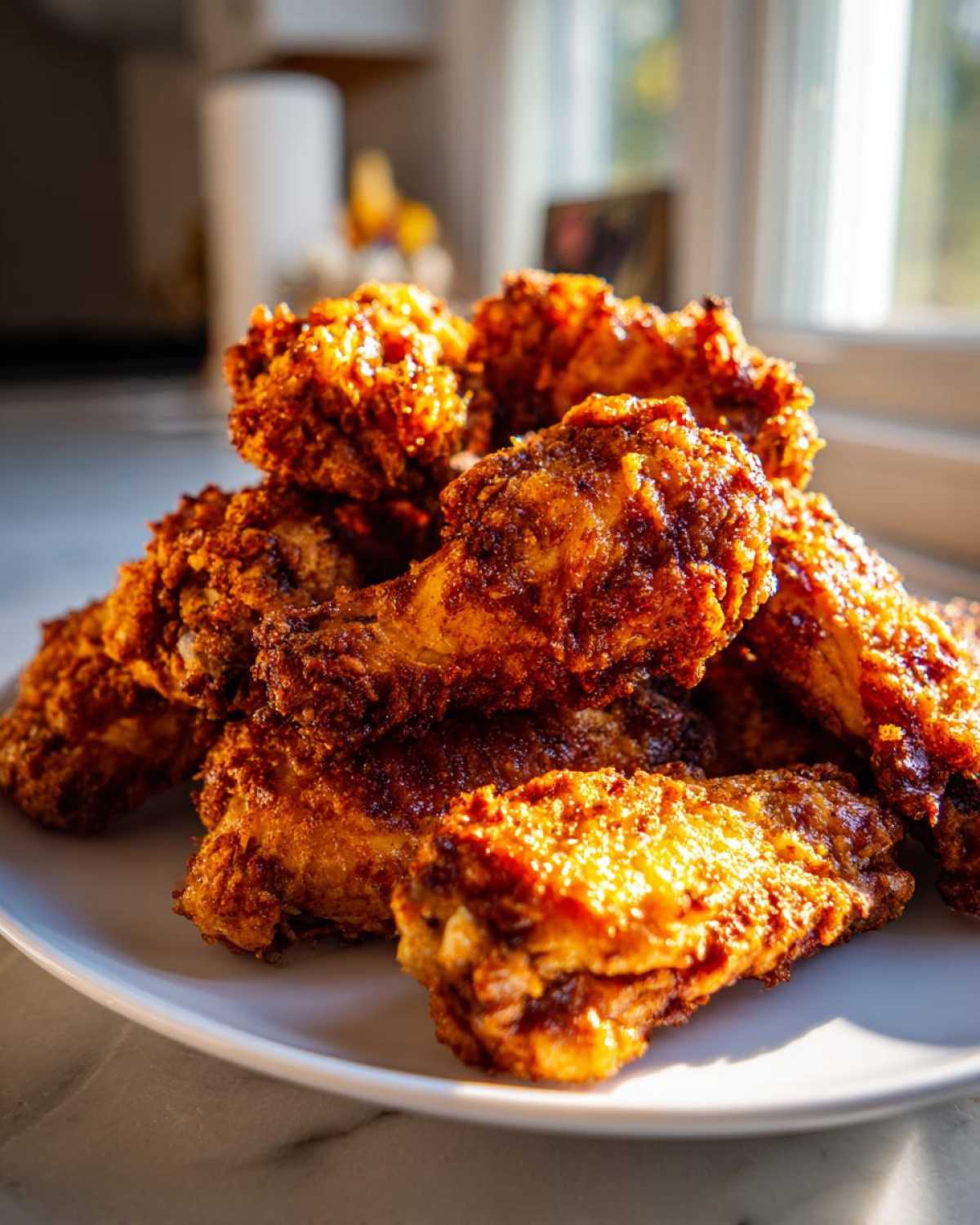 A close-up shot of a pile of golden brown, crispy Keto Crispy Parmesan Chicken Wings stacked on a white plate.