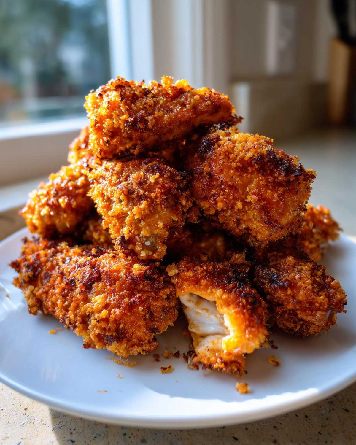 A mound of golden brown, crispy Keto Crispy Parmesan Chicken Wings stacked on a white plate, one piece broken open showing white meat.