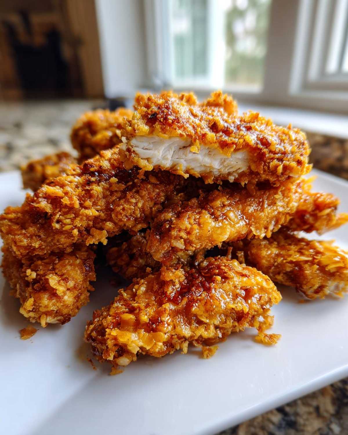 Close-up of golden brown Keto Crispy Parmesan Chicken Wings stacked on a white plate, showing the crunchy coating and juicy white interior.