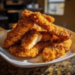 A pile of golden brown Keto Crispy Pork Rind Chicken Tenders stacked on a white plate, one is cut open showing the white meat.