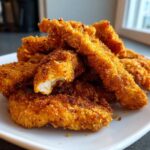 A pile of golden brown Keto Crispy Pork Rind Chicken Tenders stacked on a white plate, showing the crunchy coating.
