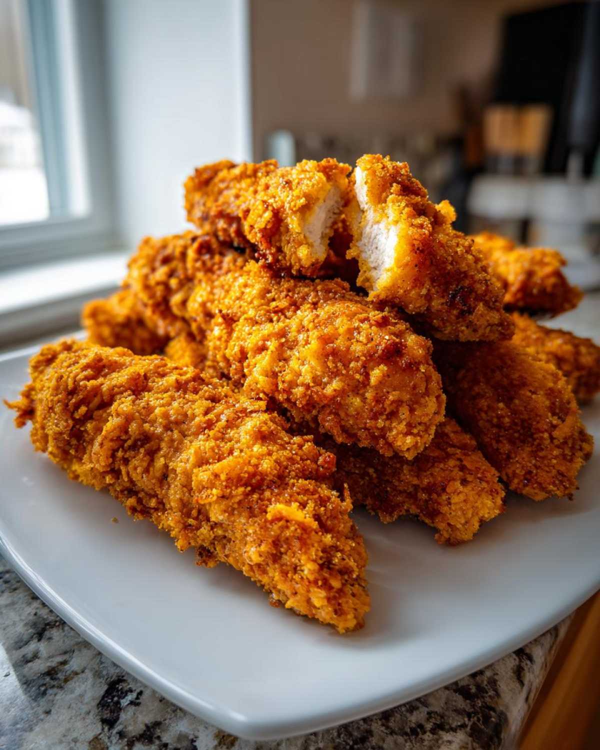 A mound of golden brown Keto Crispy Pork Rind Chicken Tenders piled high on a white plate.