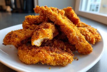A pile of golden brown Keto Crispy Pork Rind Chicken Tenders stacked on a white plate, showing the crunchy coating.
