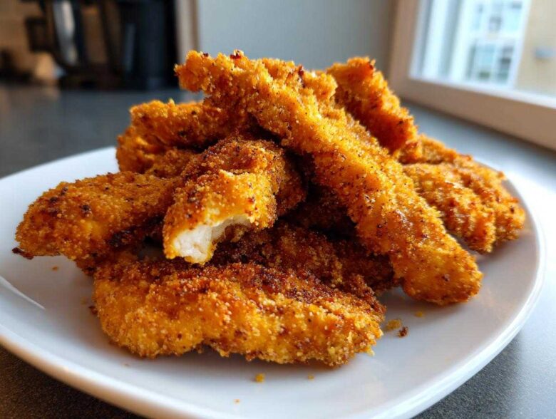 A pile of golden brown Keto Crispy Pork Rind Chicken Tenders stacked on a white plate, showing the crunchy coating.