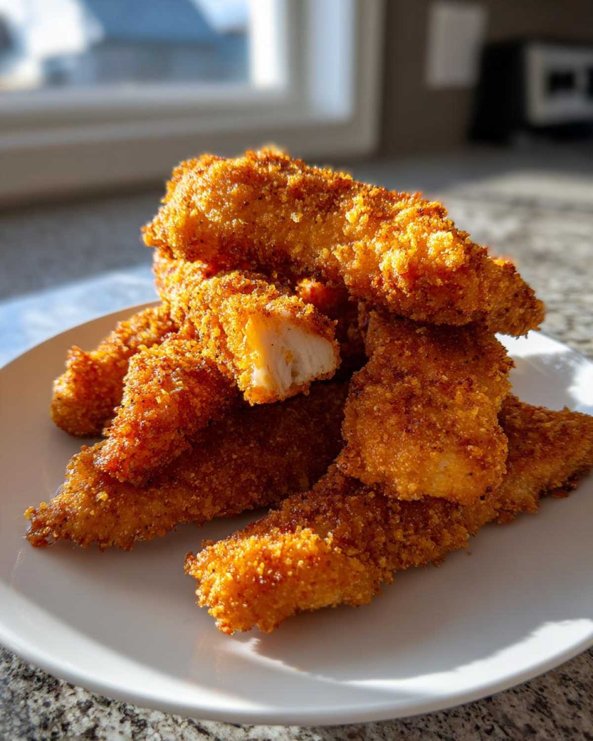 A stack of golden brown Keto Crispy Pork Rind Chicken Tenders on a white plate, showing a bite taken out of one.