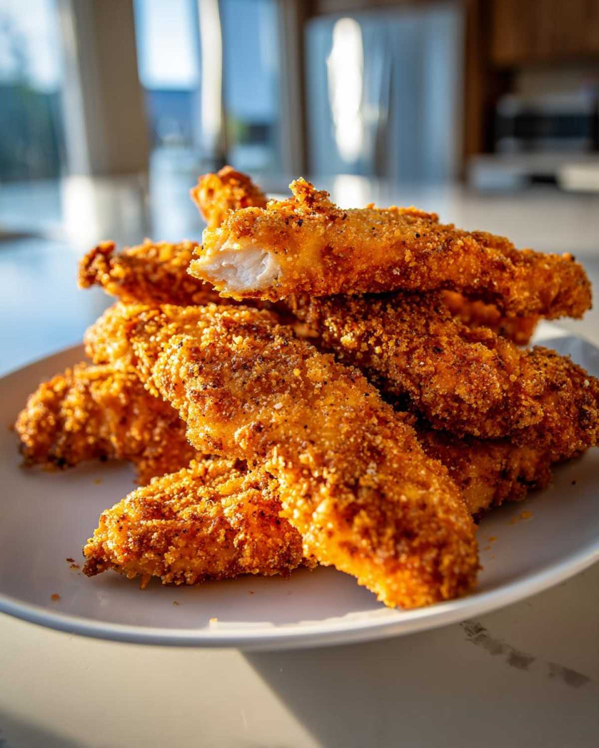 A stack of golden, crispy Keto Crispy Pork Rind Chicken Tenders on a white plate, one piece broken open showing white meat.