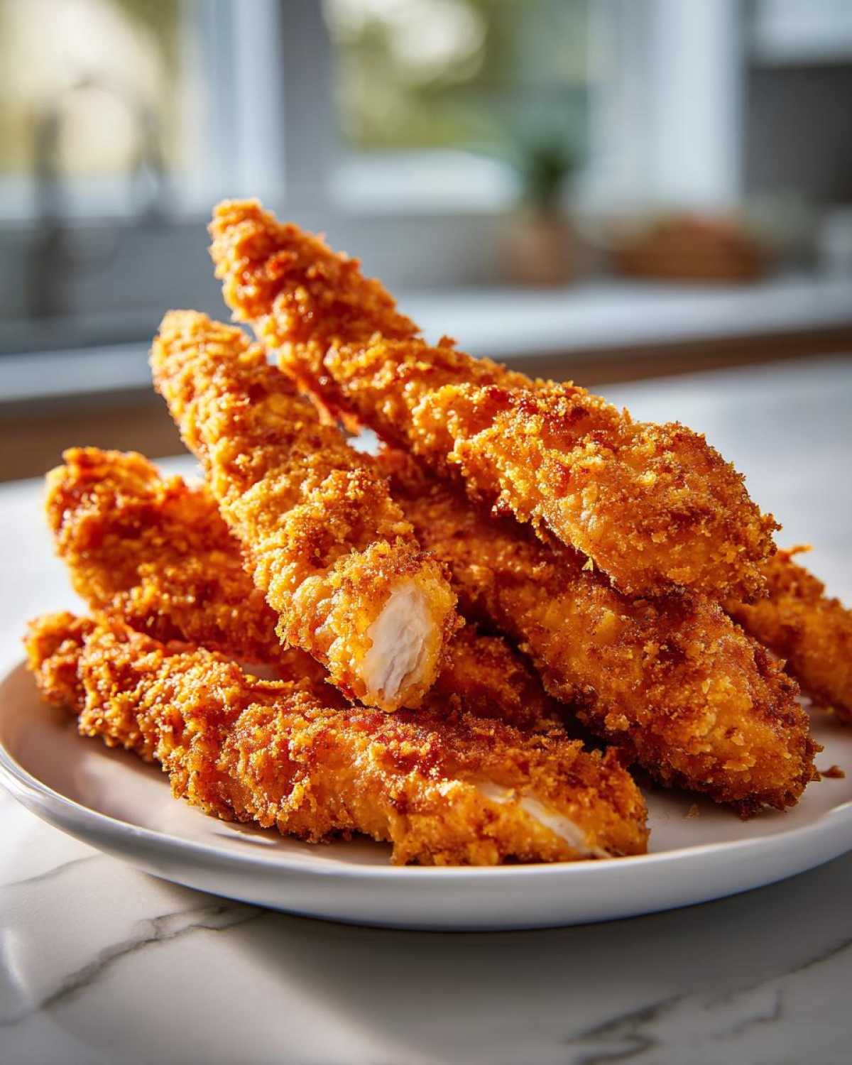 A stack of golden brown Keto Crispy Pork Rind Chicken Tenders piled on a white plate, showing the crispy coating and white chicken meat inside one tender.