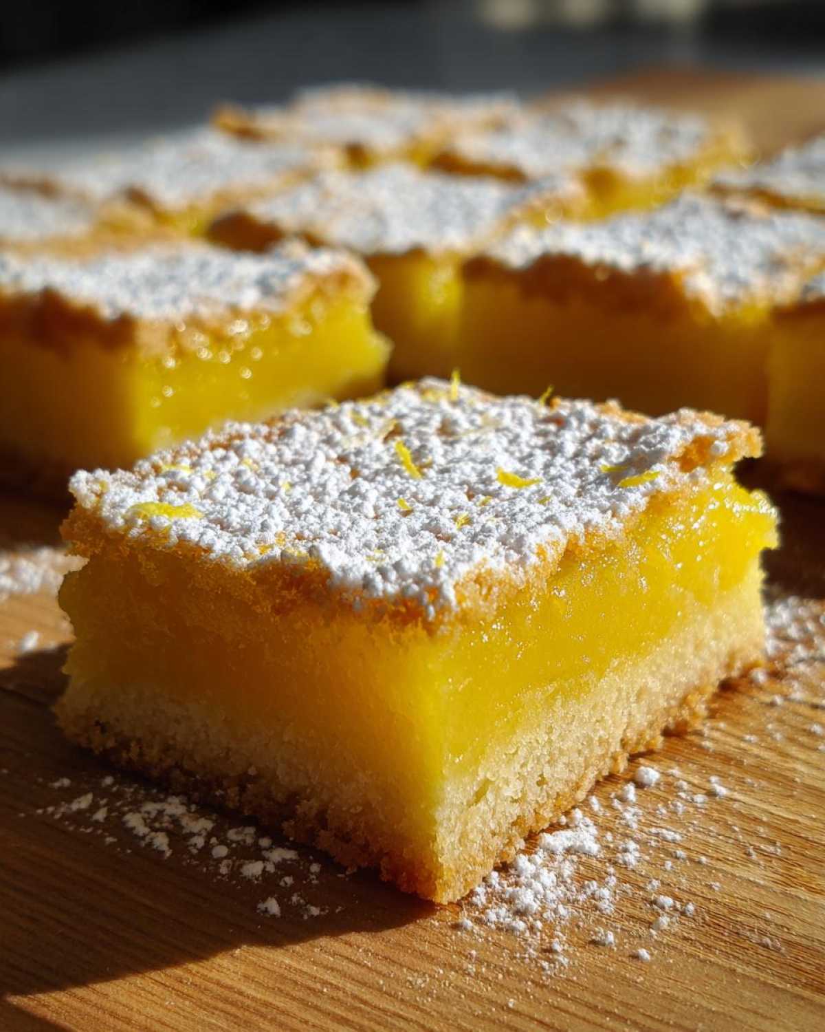 A close-up view of a thick, bright yellow Lemon Bars slice dusted heavily with powdered sugar and lemon zest.