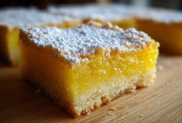 A close-up, mouth-watering shot of a single square of bright yellow Lemon Bars topped with a dusting of white powdered sugar.