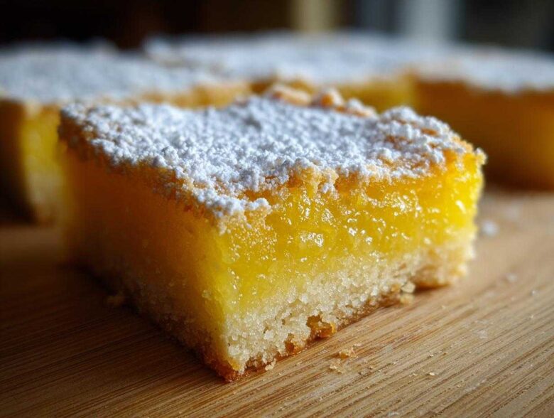 A close-up, mouth-watering shot of a single square of bright yellow Lemon Bars topped with a dusting of white powdered sugar.