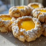 A close-up stack of bright Lemon Lavender Thumbprint Cookies, featuring a yellow lemon filling and dusted heavily with powdered sugar.
