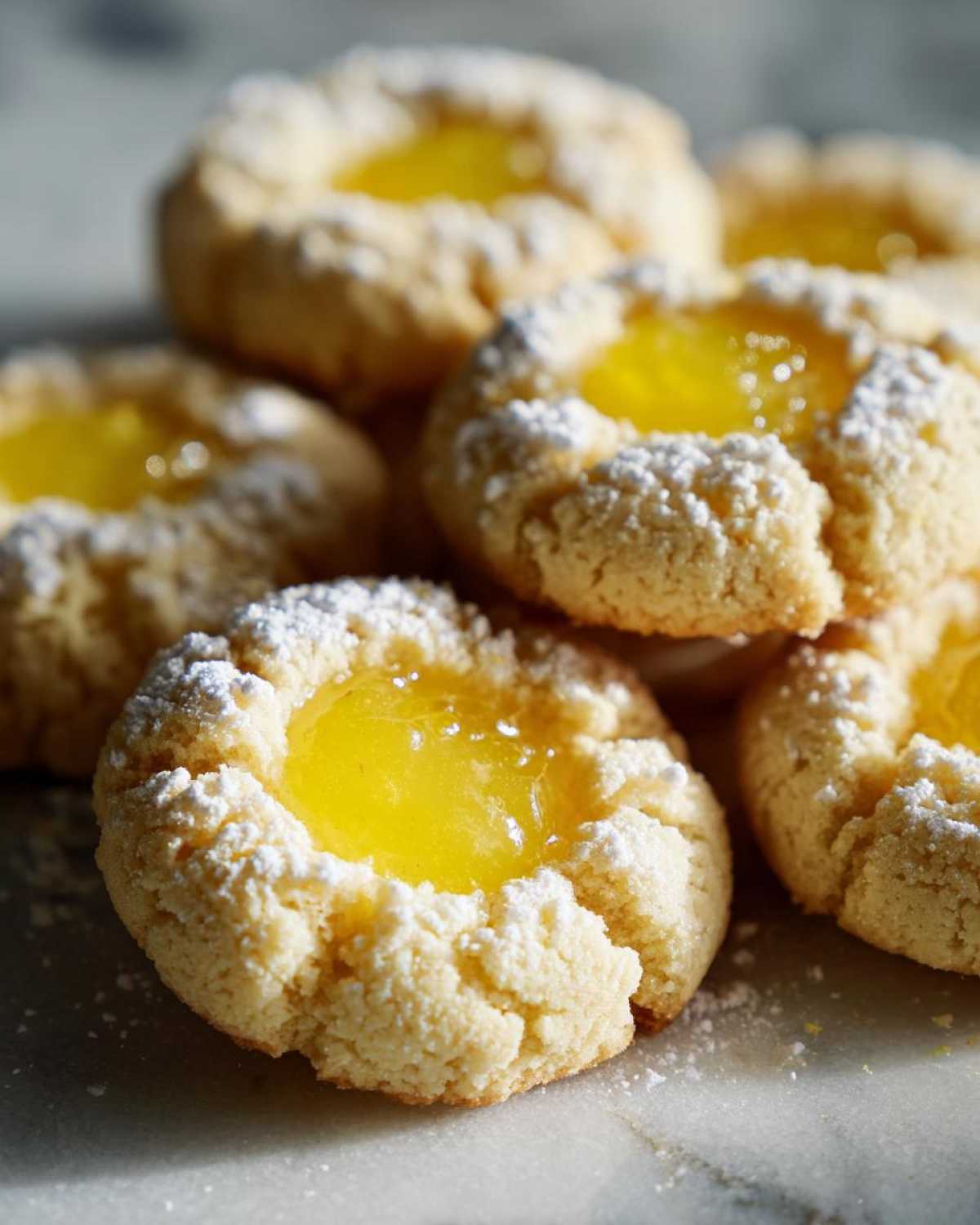 A close-up stack of Lemon Lavender Thumbprint Cookies dusted with powdered sugar and filled with bright yellow lemon curd.