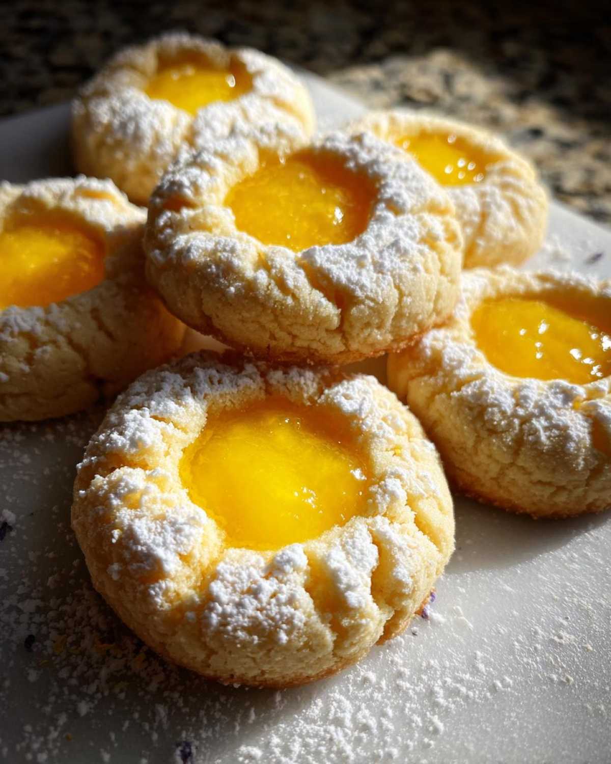 A close-up of several bright Lemon Lavender Thumbprint Cookies dusted with powdered sugar, featuring a vibrant yellow center filling.