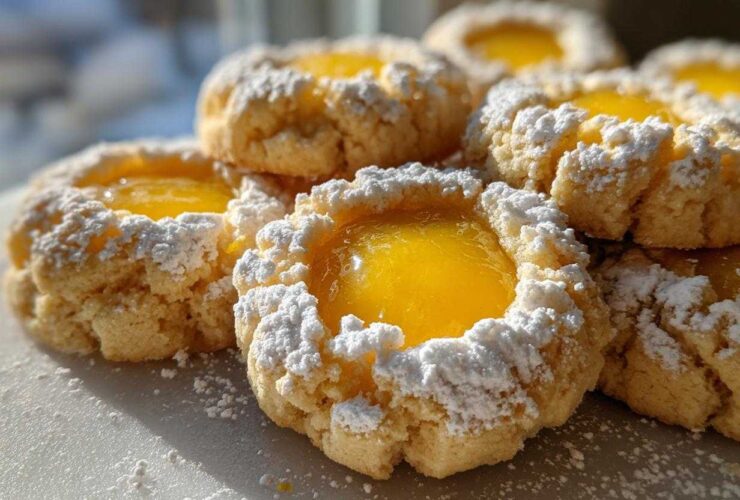 A close-up stack of bright Lemon Lavender Thumbprint Cookies, featuring a yellow lemon filling and dusted heavily with powdered sugar.