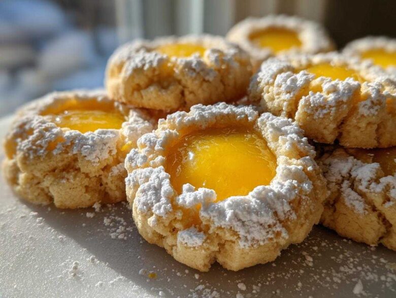 A close-up stack of bright Lemon Lavender Thumbprint Cookies, featuring a yellow lemon filling and dusted heavily with powdered sugar.