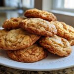 A close-up stack of freshly baked, golden brown maple brown sugar cookies piled high on a white plate.