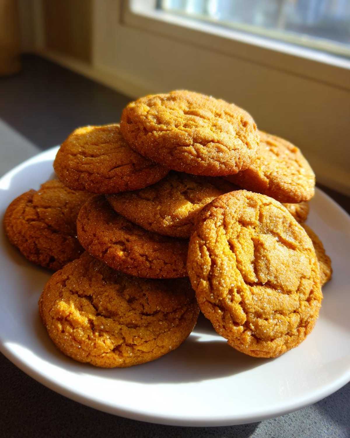 A stack of golden brown maple brown sugar cookies dusted with sugar, sitting on a white plate near a window.