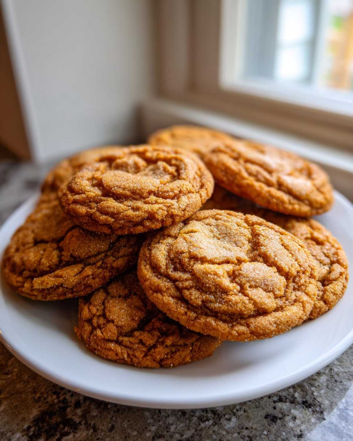 A stack of freshly baked, crinkly maple brown sugar cookies coated in sugar, resting on a white plate.