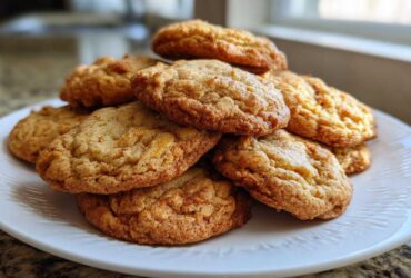 A close-up stack of freshly baked, golden brown maple brown sugar cookies piled high on a white plate.