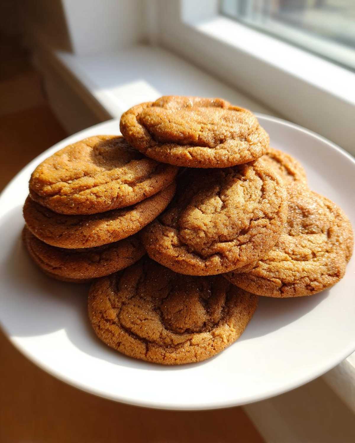 A stack of freshly baked, crinkly maple brown sugar cookies piled on a white plate near a window.